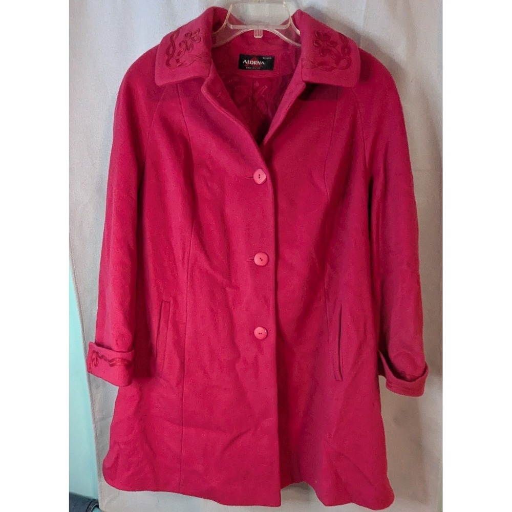 Alorna Wool Blend Coat Women L Fuchsia Pink Excellent Embroidered USA Made